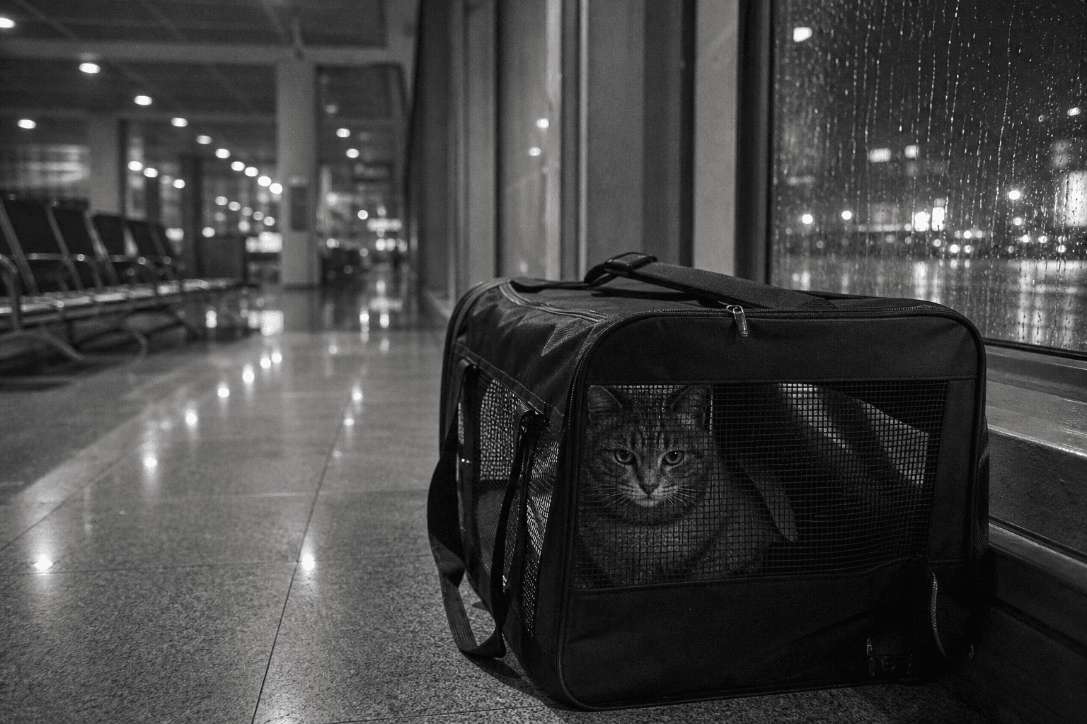 A cat in a mesh airline carrier on an empty terminal floor at night