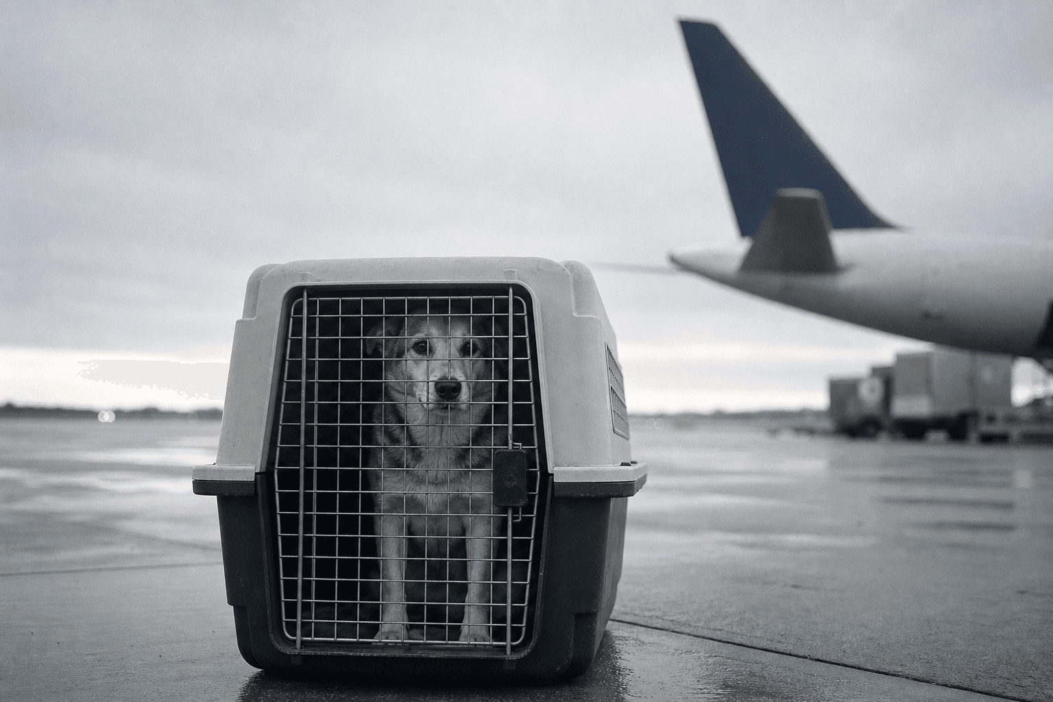 A dog waiting in an airline travel crate on an airport apron at dawn